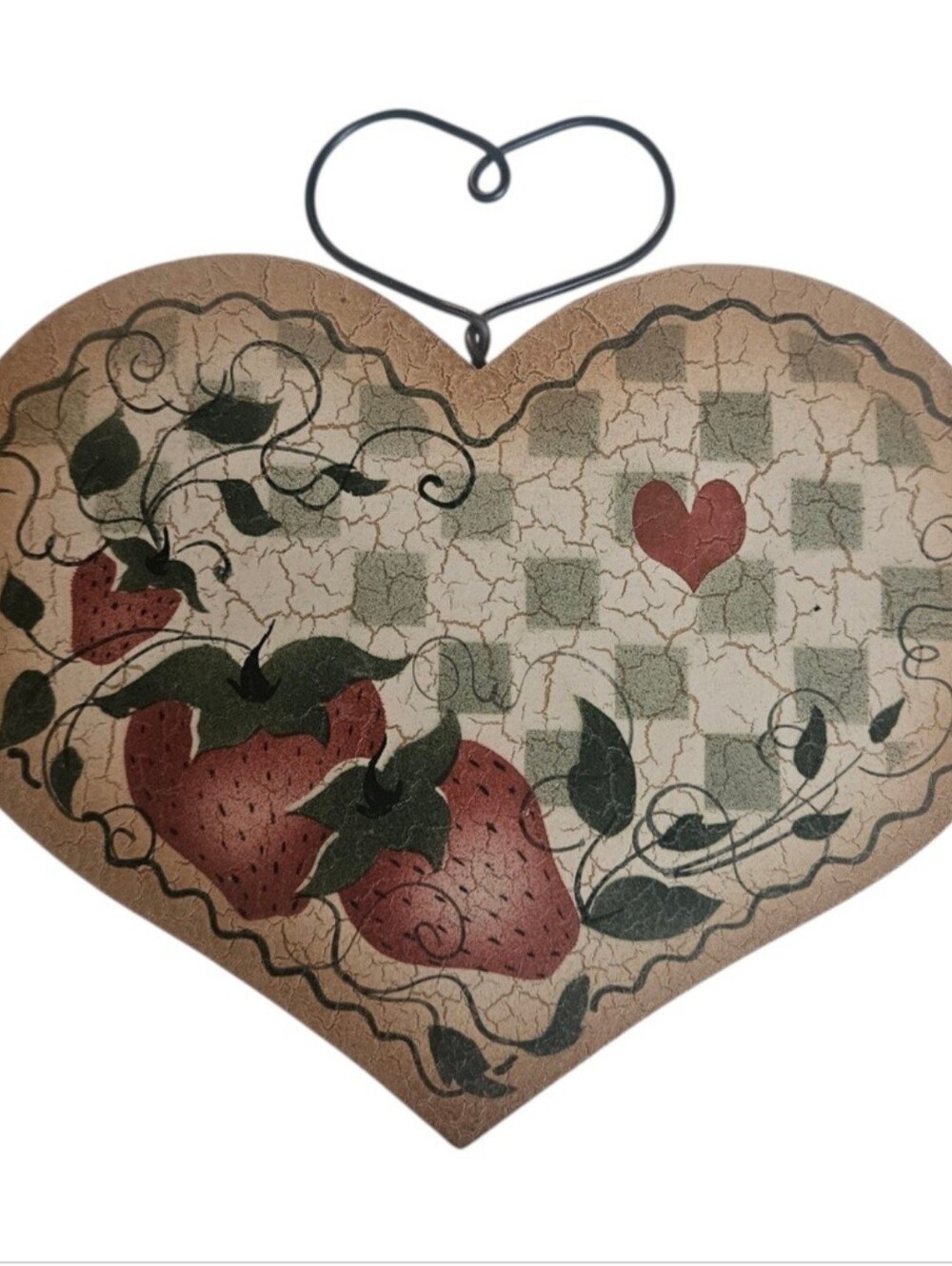 Vintage Country Wood Heart With Strawberries On Checkerboard Crackle Paint